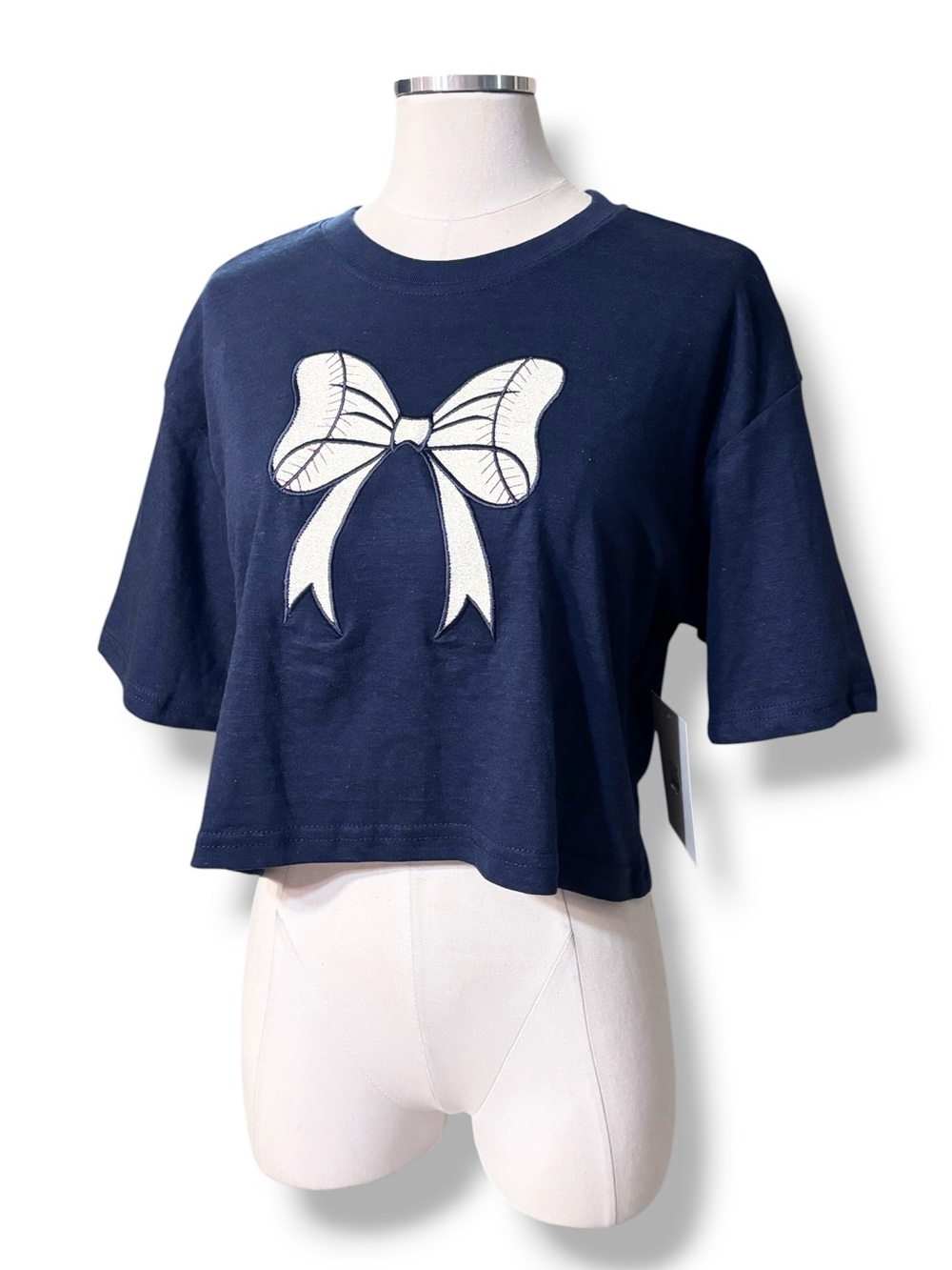 LOVE THEORY ESSENTIALS Blue Crew Neck Crop Top Embroidered Bow Baseball Style